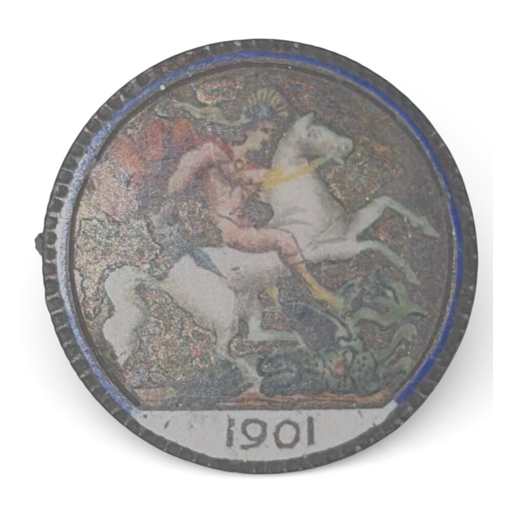 Queen Victoria Enameled 1901 Coin Brooch St George Slaying Dragon .925 Silver